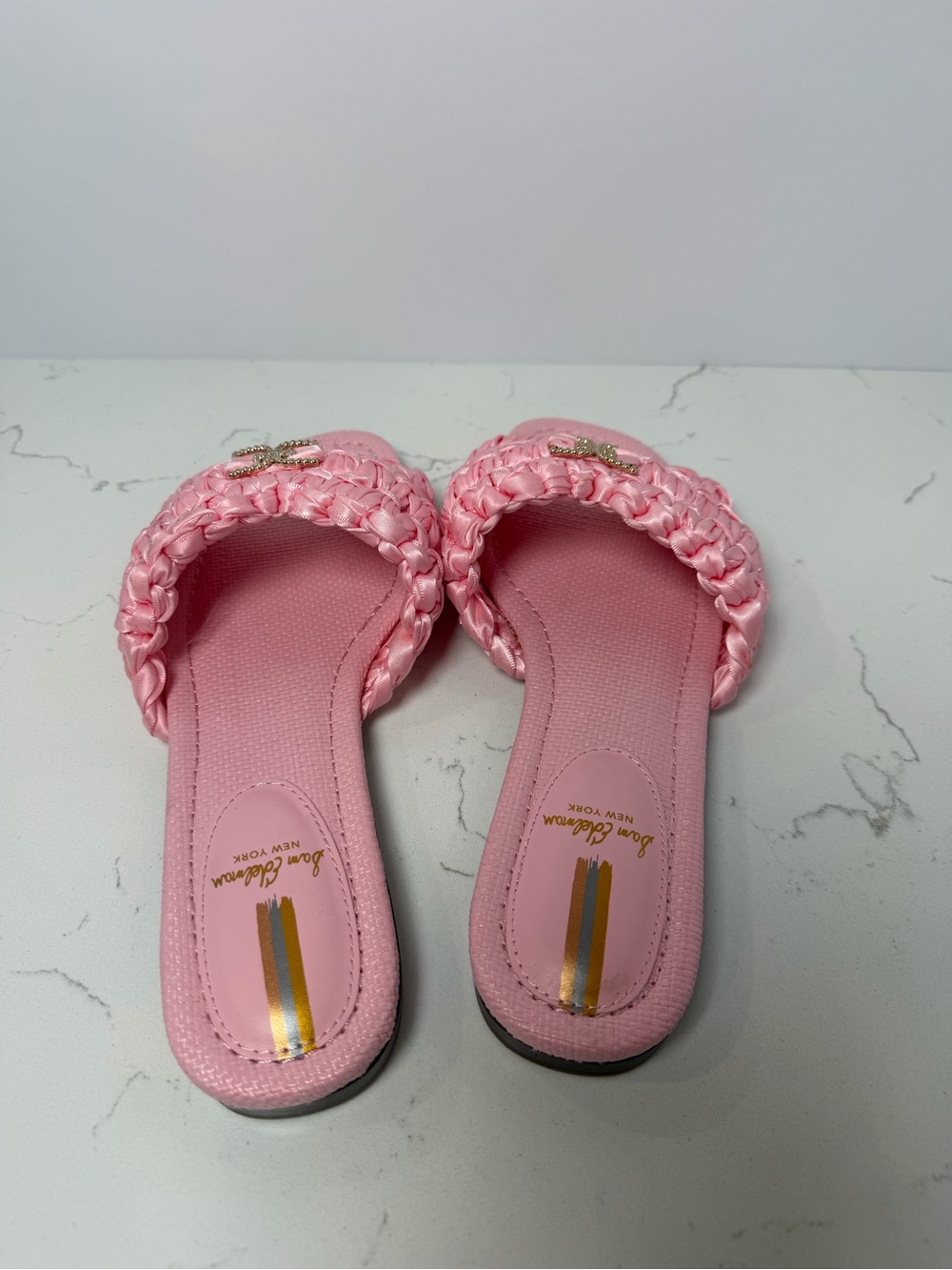 Sam Edelman Pink Braided Satin Slide Sandals with Gold Logo - Picture 3 of 5